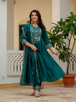 Teal Viscose Roman Silk Anarkali Kurti Pant Set