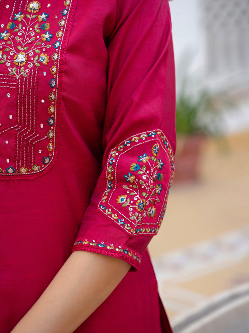 Pink Viscose Mango Silk Embroidered Kurti Set