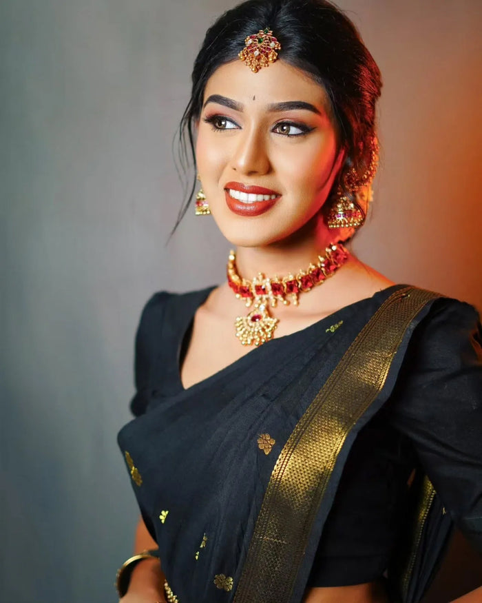Classic Black Jacquard Saree with Elegant Woven Texture | Timeless Evening Wear