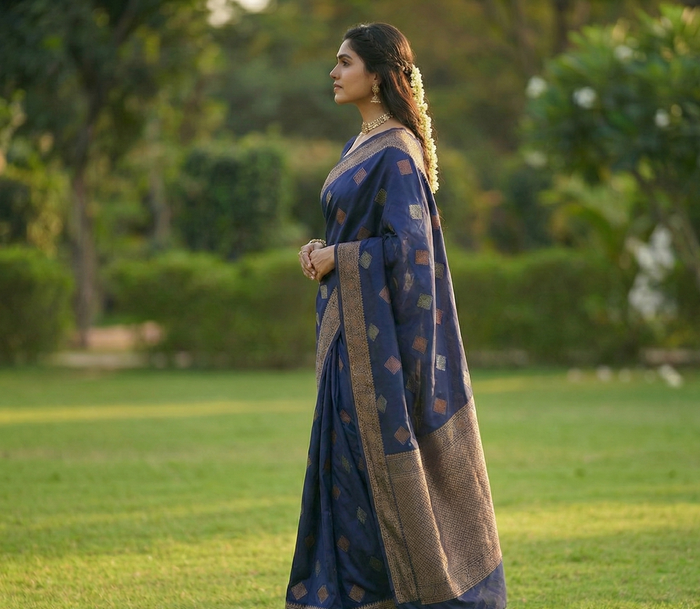 Navy Blue Jacquard Saree – Premium Elegant Saree for Festive & Formal Wear
