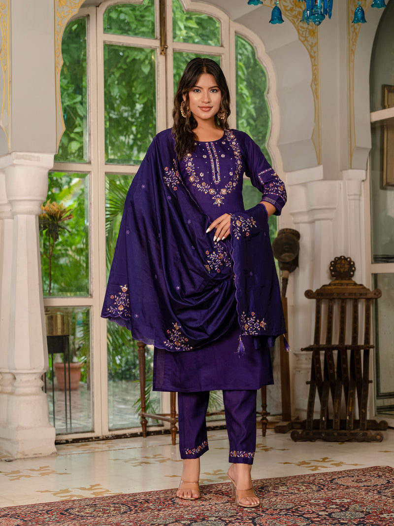 Violet Marina Silk Multi Embroidered Suit Set