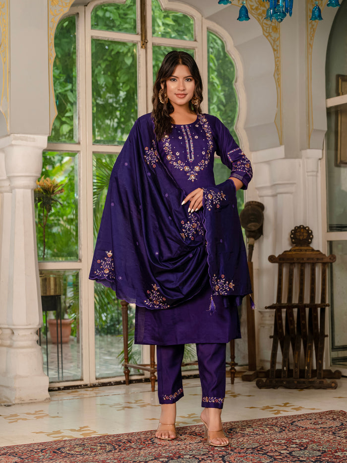 Violet Marina Silk Multi Embroidered Suit Set