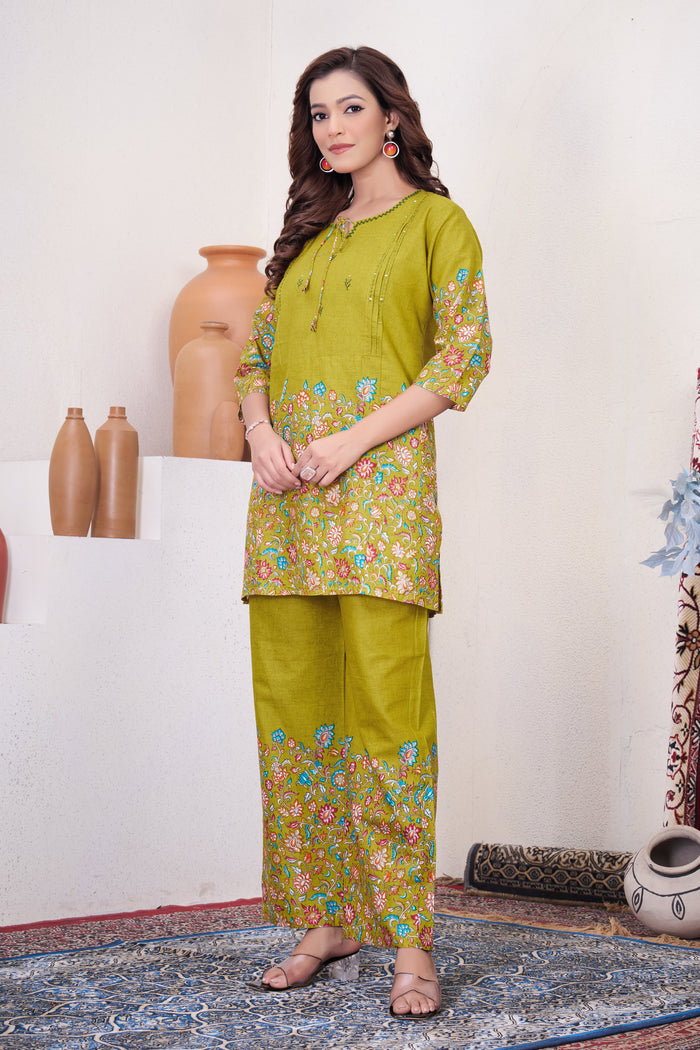 Lemon Yellow Pure Cotton Printed Co-Ord Set – Trendy Women’s Top & Bottom Set