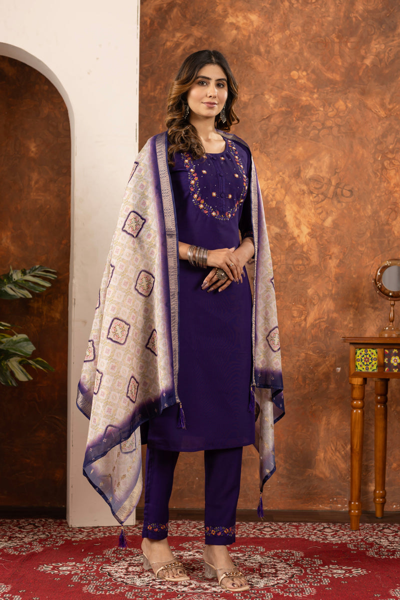 Women’s Purple Embroidered Kurta Set with Printed Dupatta