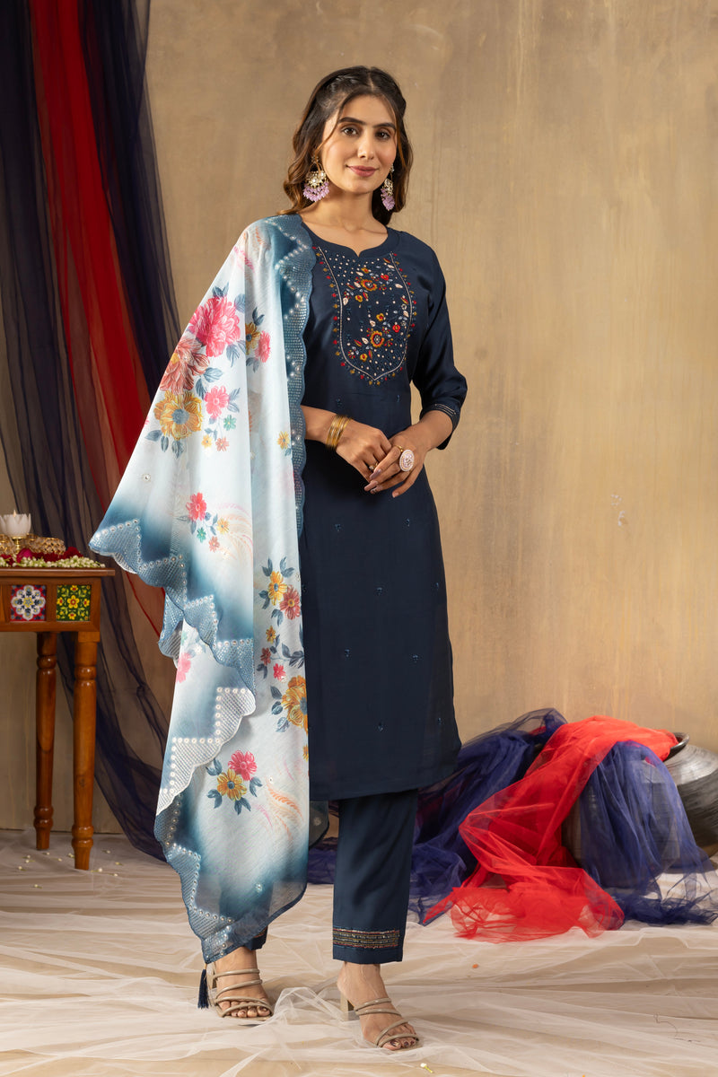 Viscose Navy Blue Embroidered Kurti Pant Dupatta Set