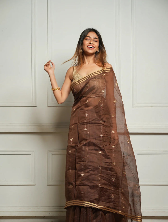 pure silk Classy Brown Colour Saree, Shining Party Wear
