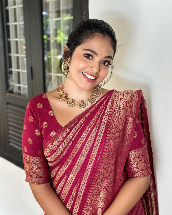 Luxurious Dark Maroon Jacquard Saree for Women – Premium Festive & Wedding Wear