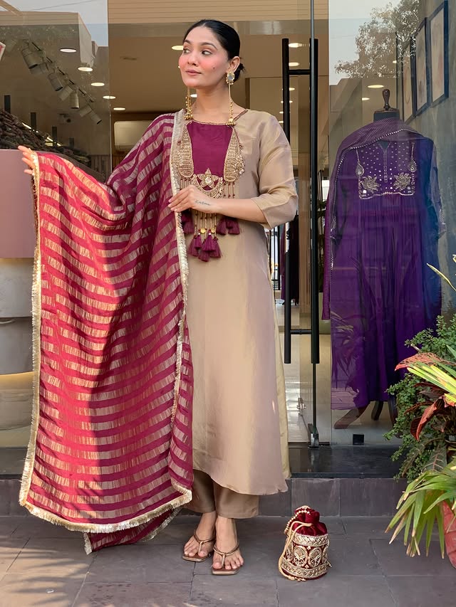 Premium Beige & Wine Designer Kurta Pant Dupatta Set