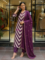 Wine Chanderi Handwork Kurta Pant With Dupatta Set