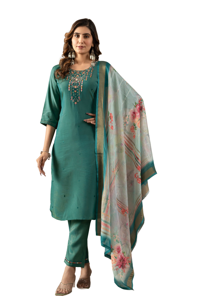 Rama Green Shimmer Gold Silk Multi Embroidered Suit Set