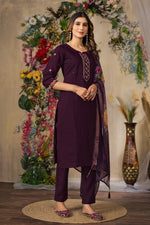 Wine Roman Silk Multi Embroidered Suit Set