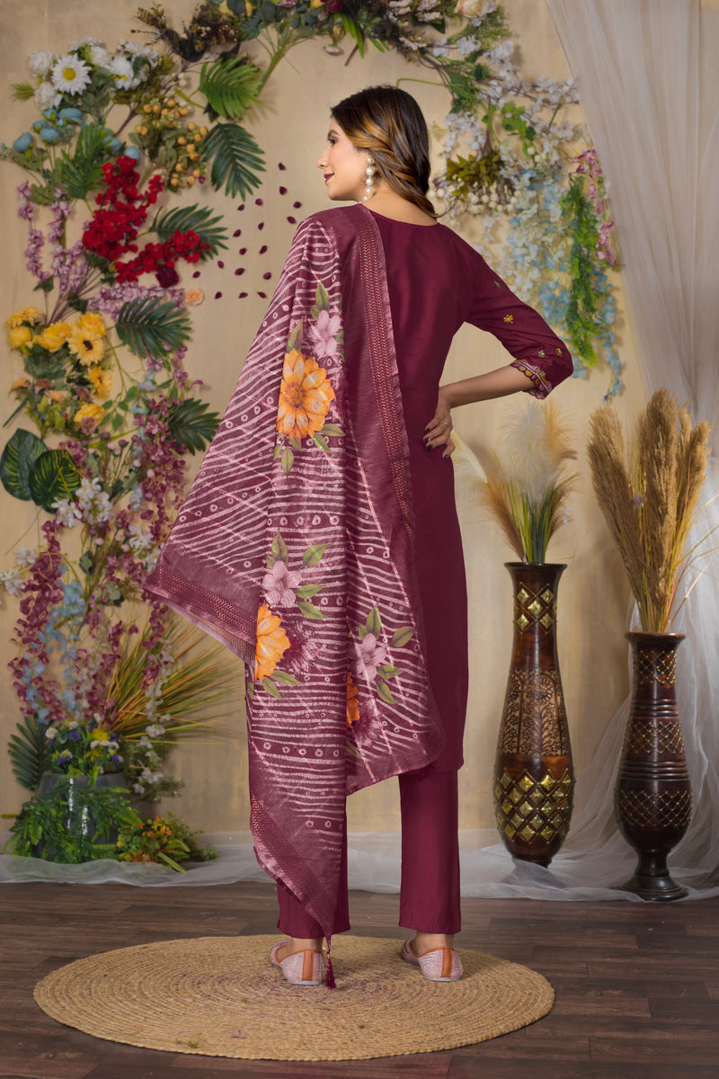 Cerise Roman Silk Multi Embroidered Suit Set