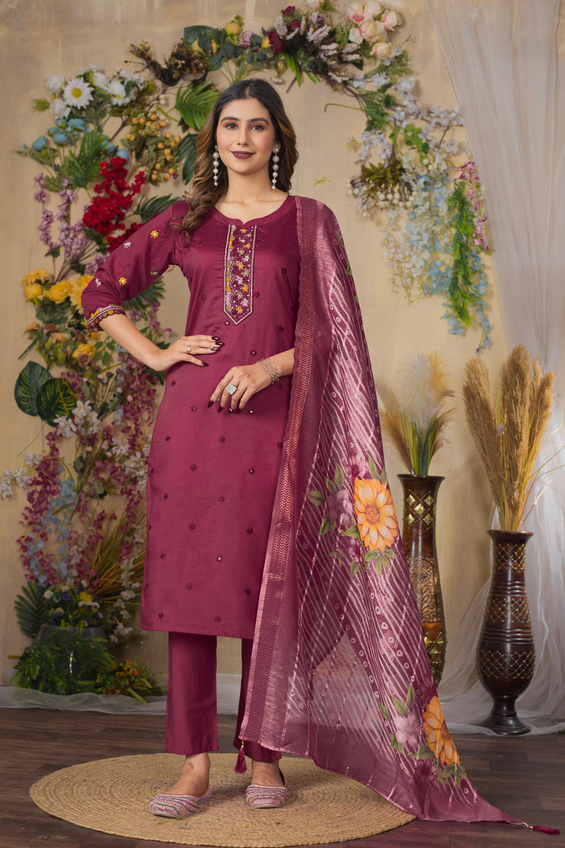Cerise Roman Silk Multi Embroidered Suit Set
