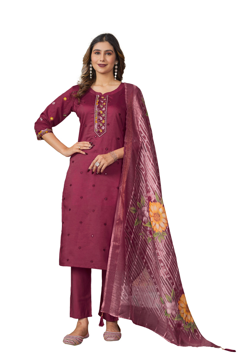 Cerise Roman Silk Multi Embroidered Suit Set