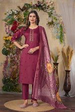 Cerise Roman Silk Multi Embroidered Suit Set