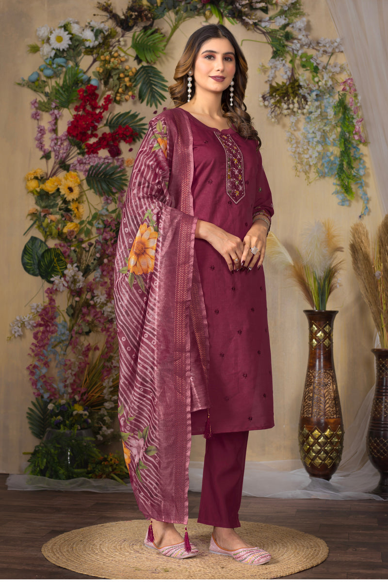 Cerise Roman Silk Multi Embroidered Suit Set