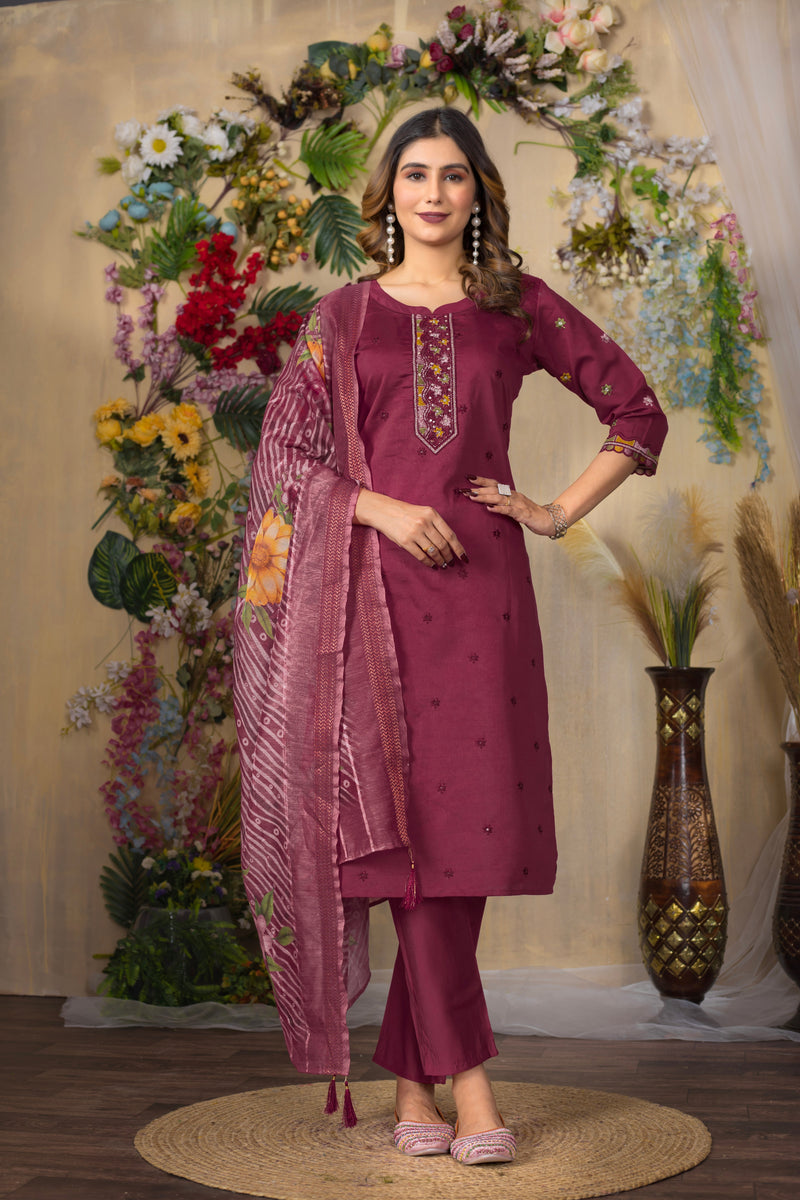 Cerise Roman Silk Multi Embroidered Suit Set