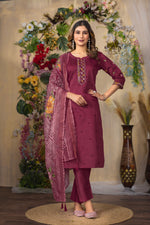 Cerise Roman Silk Multi Embroidered Suit Set