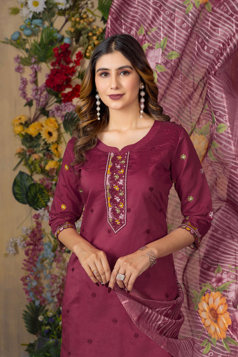 Cerise Roman Silk Multi Embroidered Suit Set