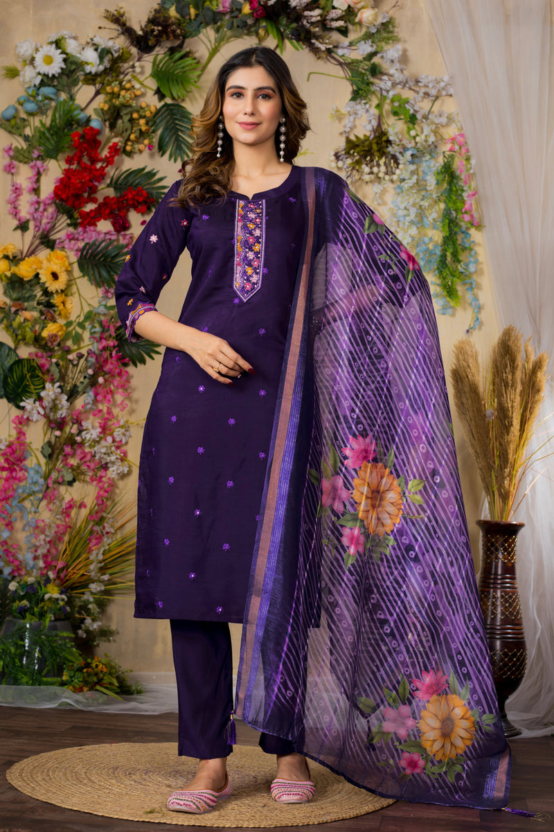 Purple Roman Silk Multi Embroidered Suit Set