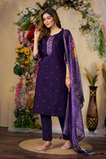 Purple Roman Silk Multi Embroidered Suit Set