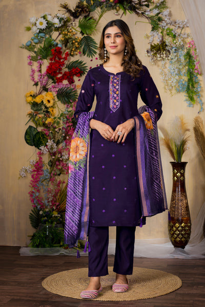Purple Roman Silk Multi Embroidered Suit Set