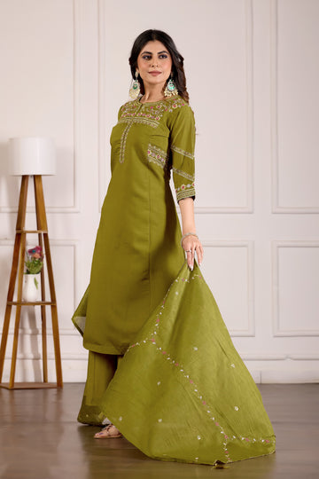Mehndi Green Mango Silk Anarkali Set