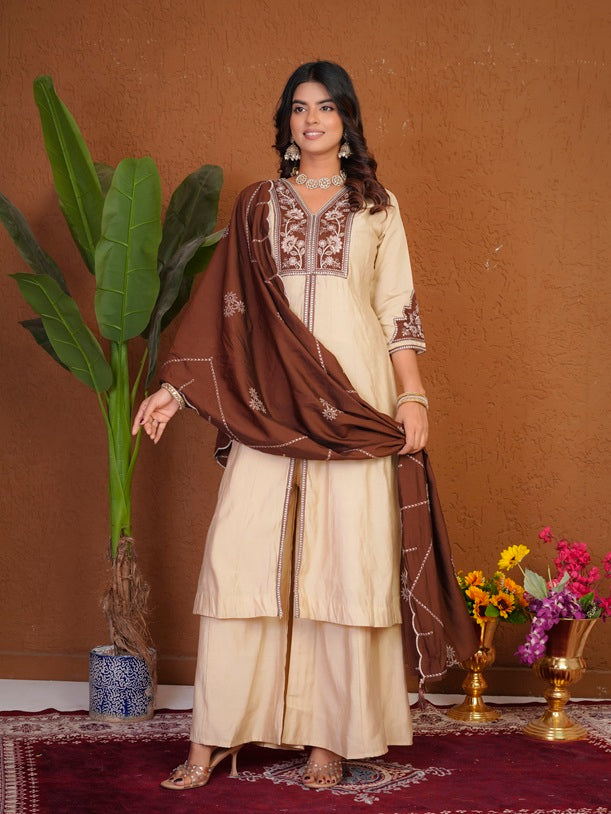Cream Roman Silk Anarkali Kurti Set