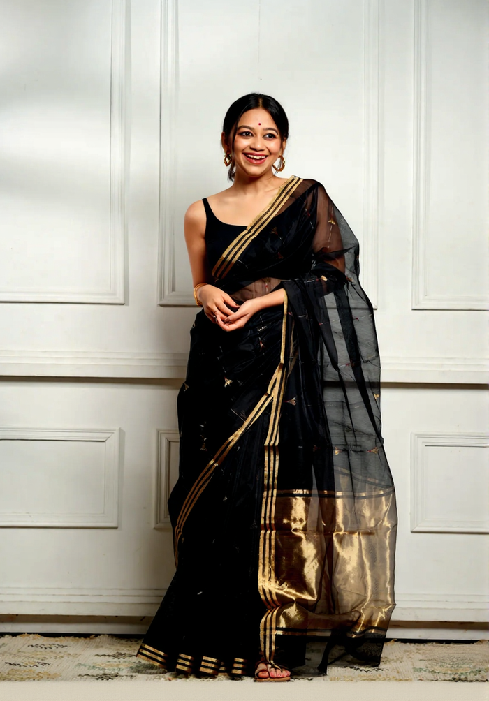 Elegant Black Cotton Silk Saree – Soft Linen Feel with Rich Jacquard Pallu