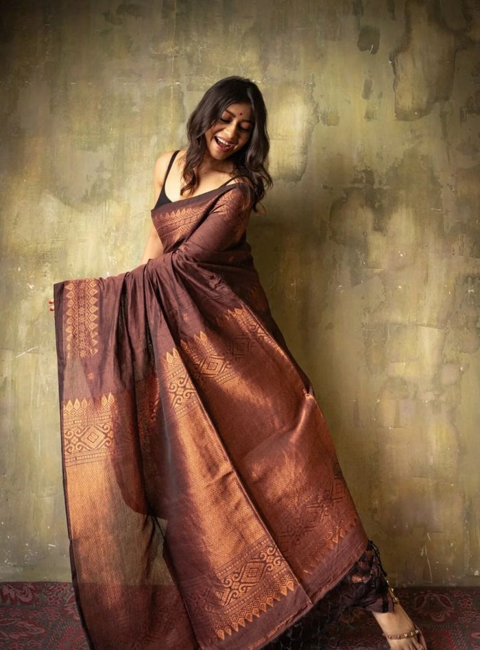Luxurious Coffee Jacquard Saree – Elegant Festive & Party Wear Saree for Women