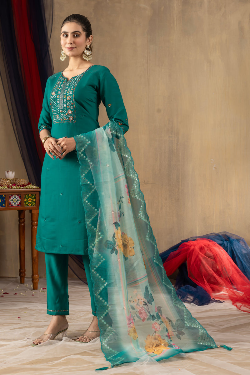 Rama Green Roman Silk Multi Embroidered Suit Set