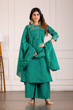 Elegant Rama Green Viscose Mango Silk Anarkali Kurti Set