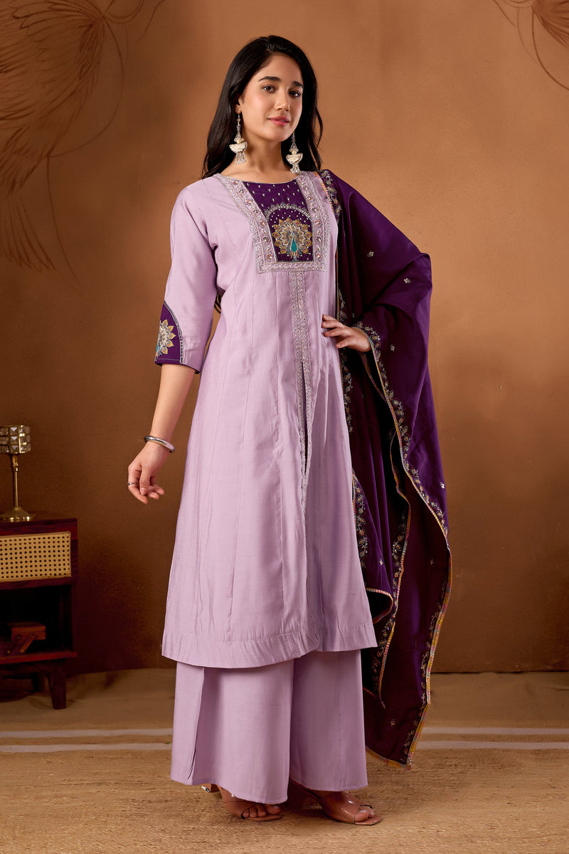 Elegant Light Lovender Roman Silk Kurti Set