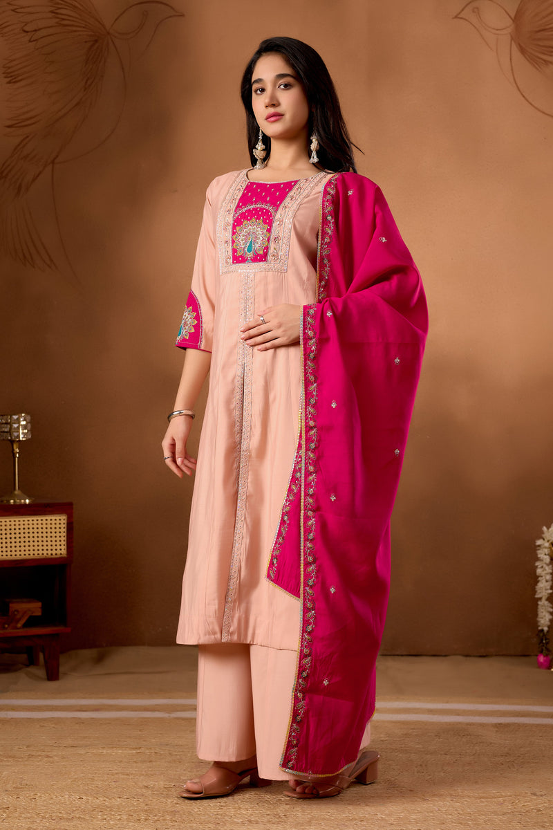 Elegant Peach Roman Silk Kurti Set