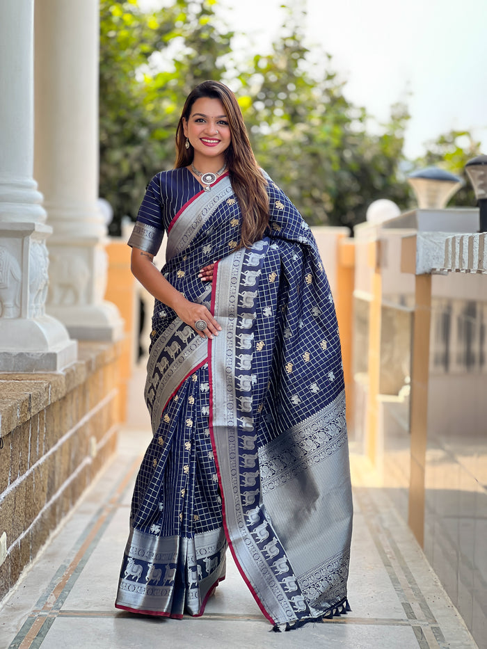 Royal Navy Blue Jacquard Saree – Elegant Weave for Festive & Party Wear