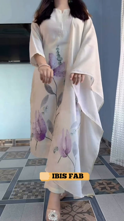 Ivory Floral Printed Linen Kurta Pant Dupatta