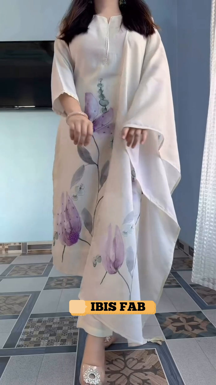 Ivory Floral Printed Linen Kurta Pant Dupatta
