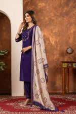 Women’s Purple Embroidered Kurta Set with Printed Dupatta