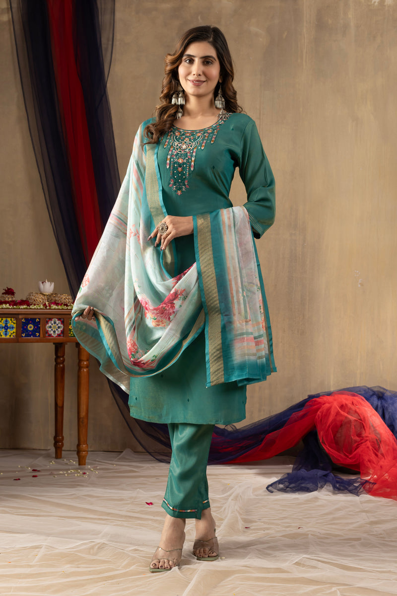 Rama Green Shimmer Gold Silk Multi Embroidered Suit Set