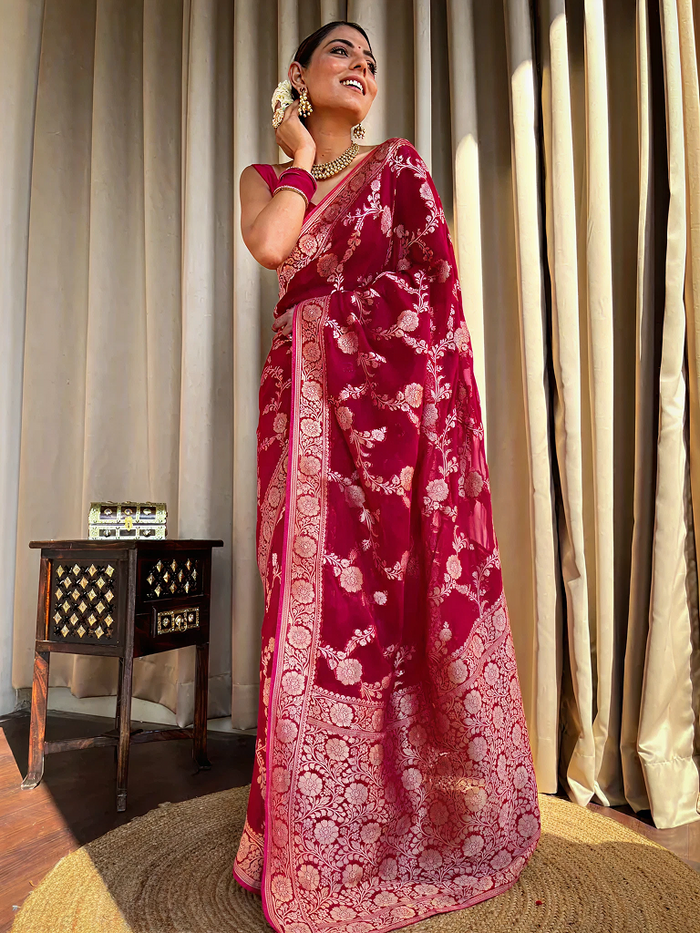 Royal Maroon Jacquard Saree – Classic Woven Elegance for Weddings & Festive Events