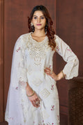 White Heavy Viscose Roman Silk Embroidered Kurti Pant Dupatta Set