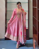 Priya Anarkali Flared Banana Silk Kurti Pant Dupatta Set