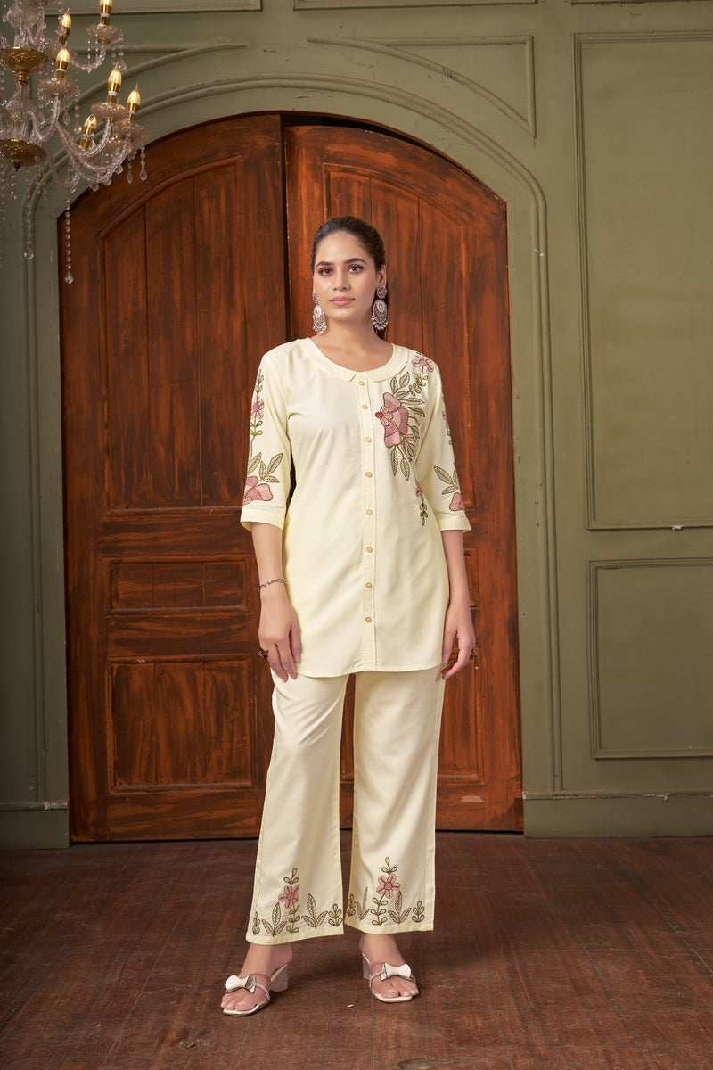 Elegant White Heavy Rayon Embroidered Co-Ord Set