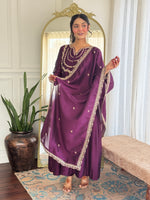 Wine Purple Vichitra Silk Anarkali Kurta Set