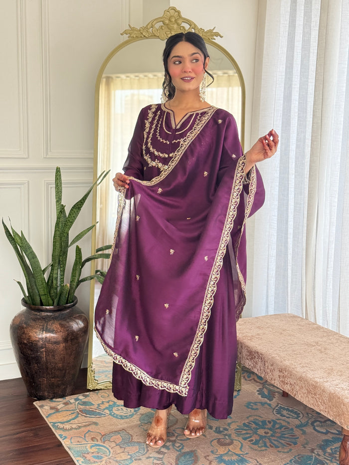 Wine Purple Vichitra Silk Anarkali Kurta Set
