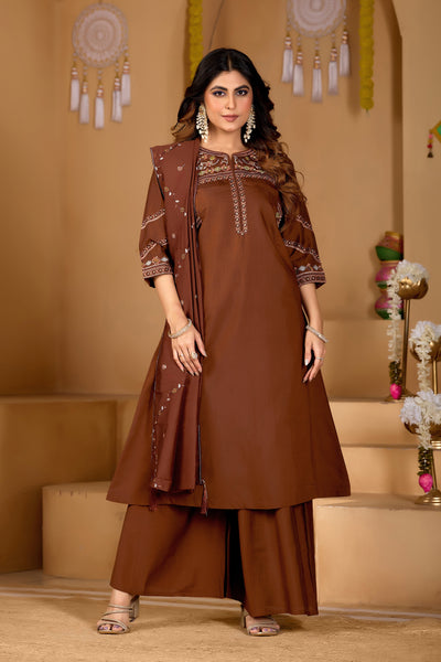 Coffee Viscose Mango Silk Anarkali Kurti Set