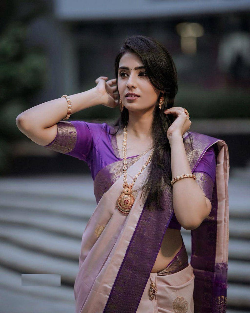 Elegant Peach Purple Jacquard Saree