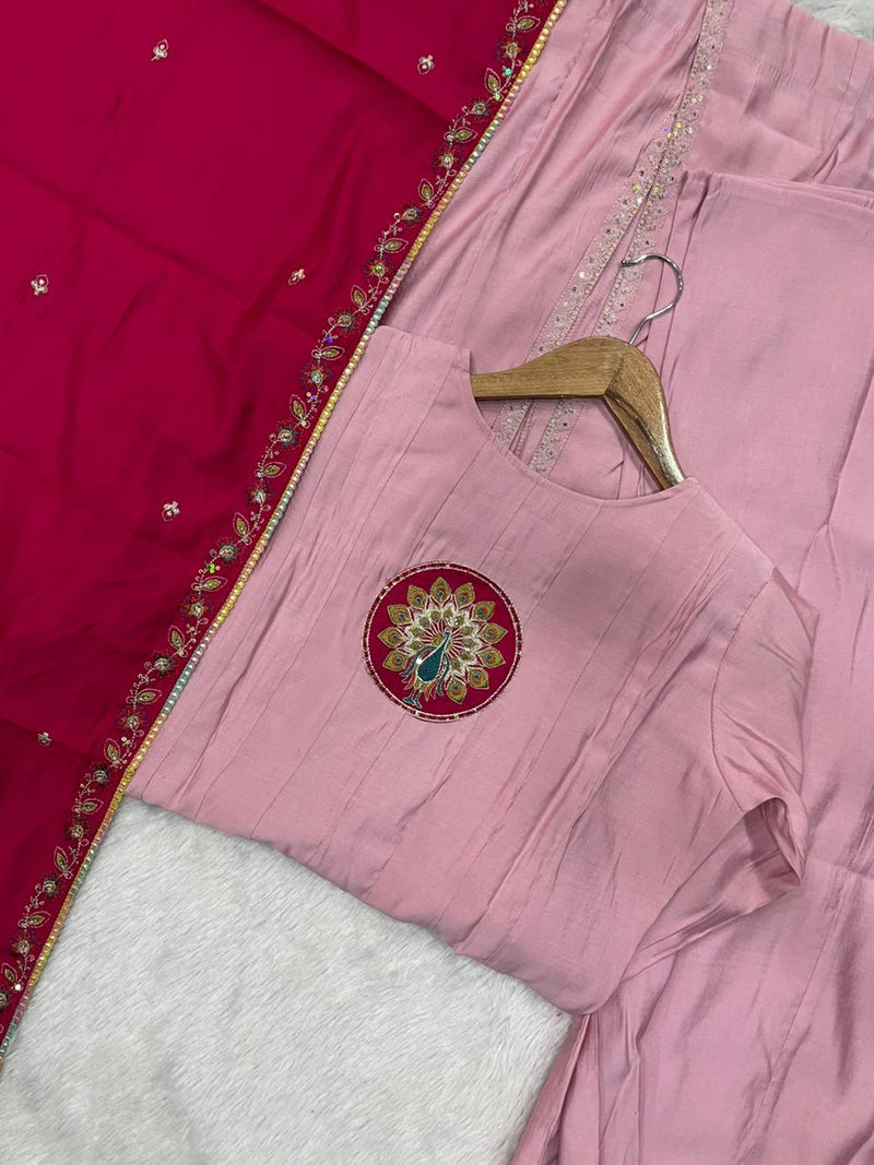 Elegant Pink Roman Silk Kurti Set