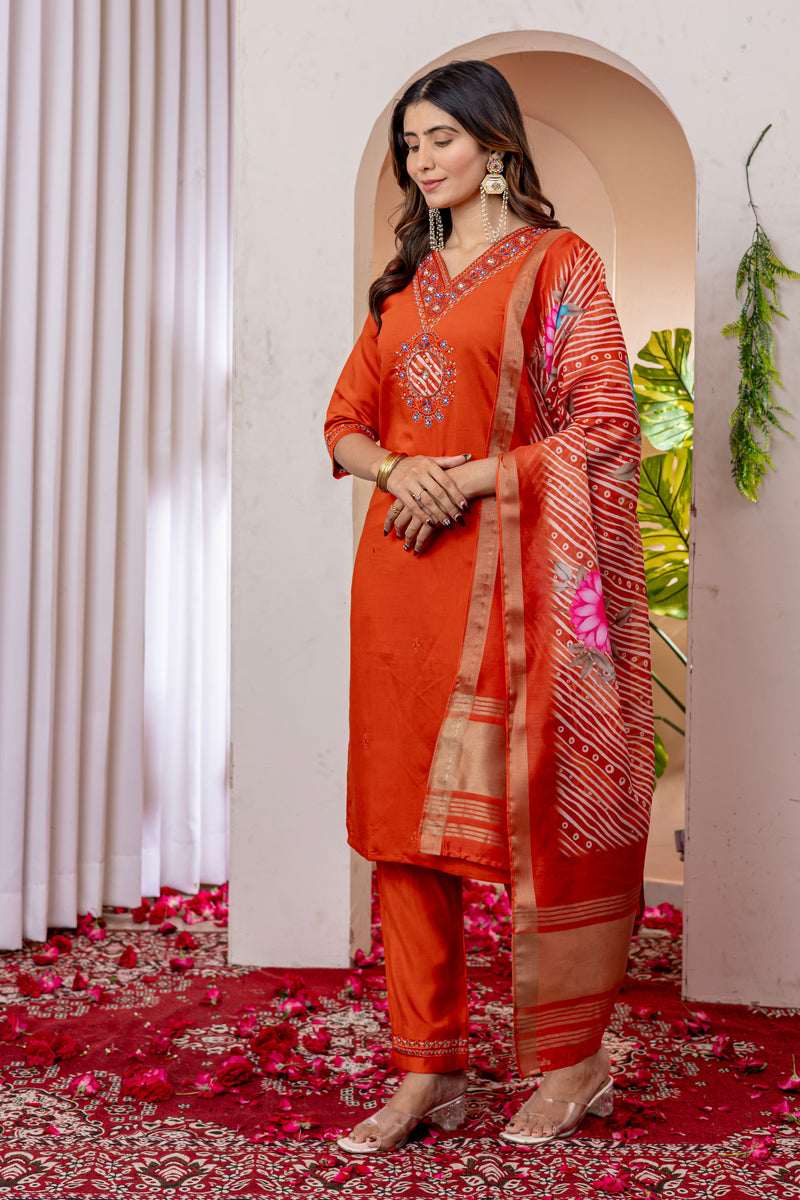 Orange Marina Viscose Silk Multi Embroidered Suit Set