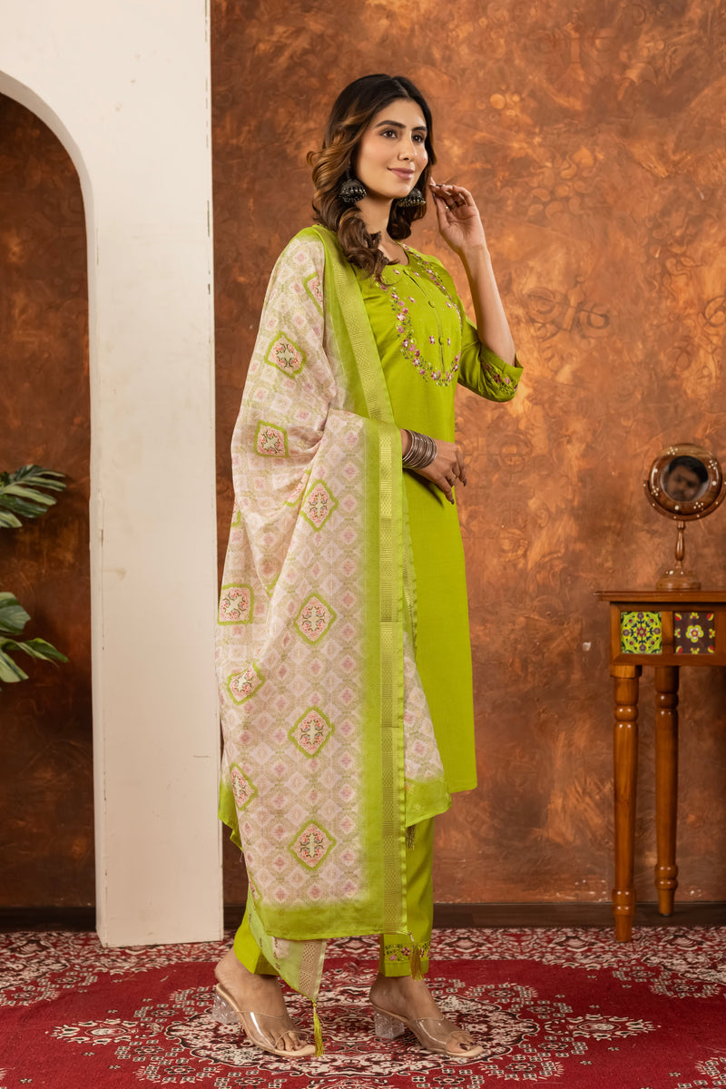 Marina Silk Lime Green Embroidered Kurta Set